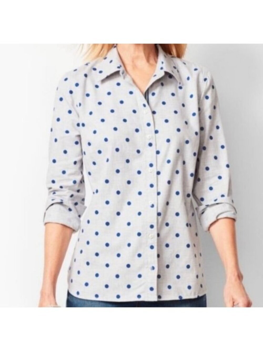 Talbots Grey Blue Polkadot Button Up Long Sleeve Shirt Women Size XL
